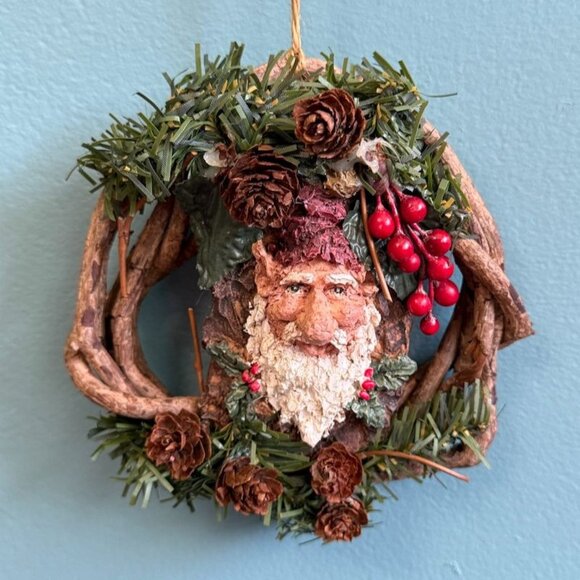 Santa-Themed Rustic Wreath Ornament With Pinecones & Faux Berries Grapevine - Picture 1 of 9